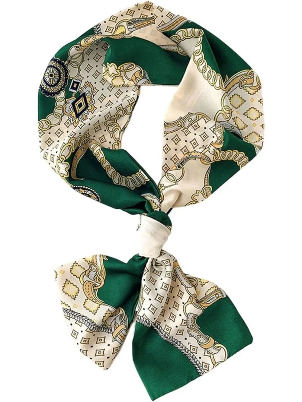 Women's Green Beige Plaid Stylish Satin Headscarf Wrap Lightweight Scarves Scarf